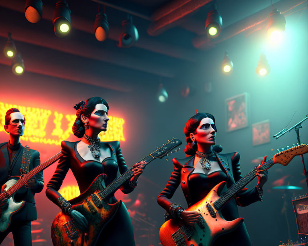 Stylized 3D image: Band onstage with intense lighting, two guitarists, and bass