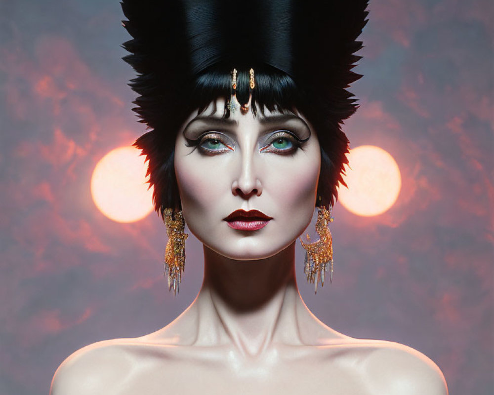 Woman with Dramatic Eye Makeup and Egyptian-Inspired Headdress in Front of Dusk Sky Or