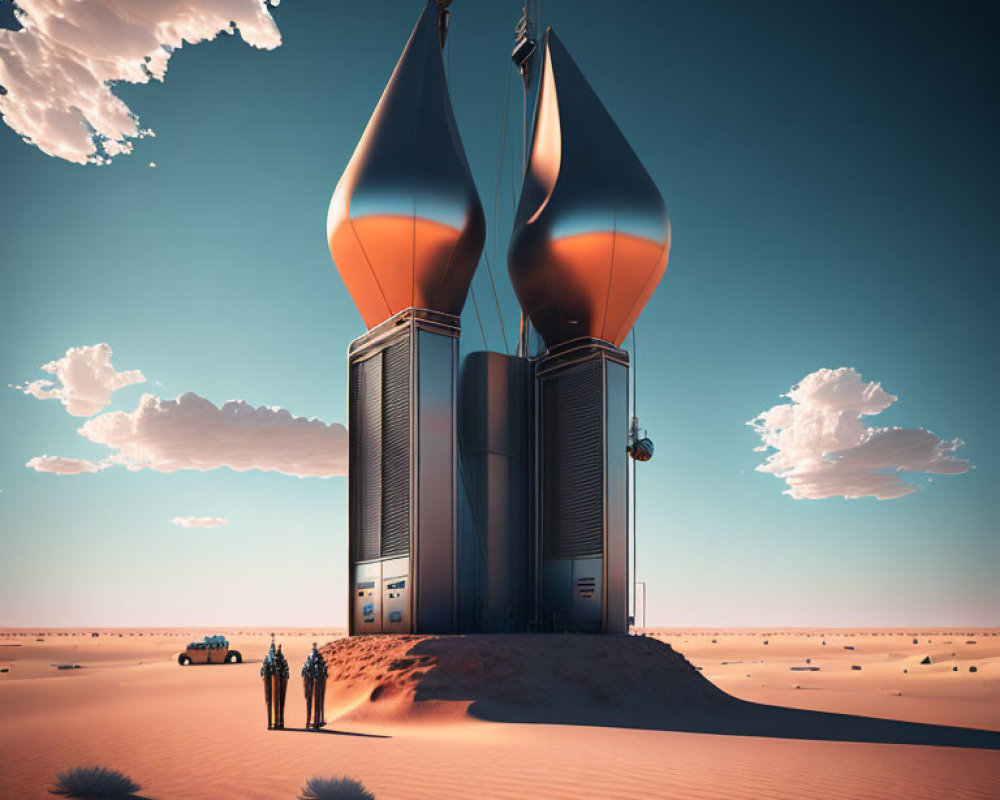 Futuristic towers and figures in desert landscape with vehicle