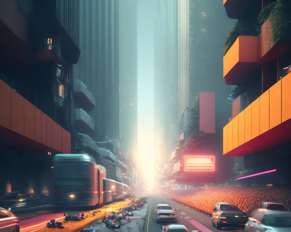 Futuristic city street with neon lights and towering buildings