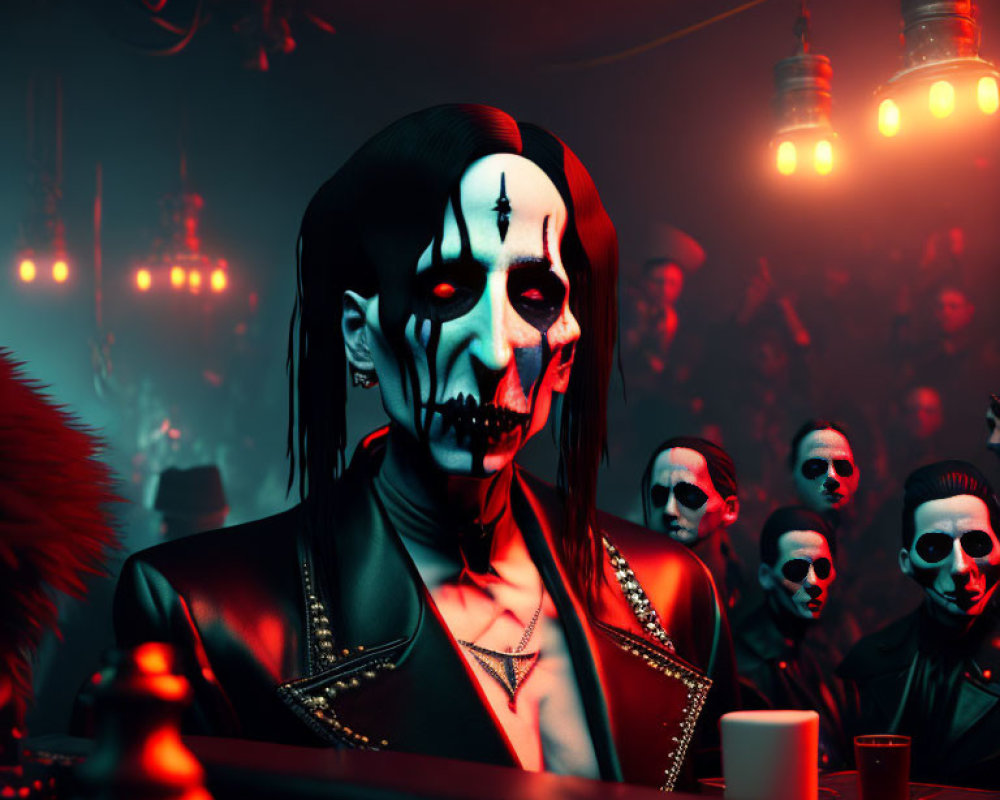 Skull-painted person in black attire at dimly lit club with red lighting