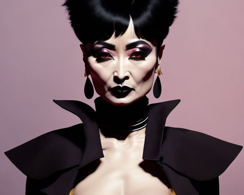 Stylized portrait of woman with dramatic makeup and black outfit on pink background