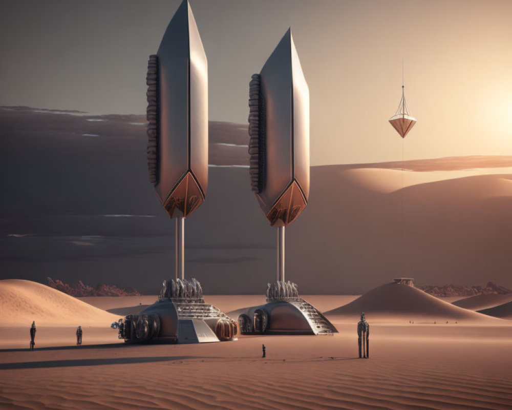 Futuristic rockets ready for launch in desert landscape at dusk