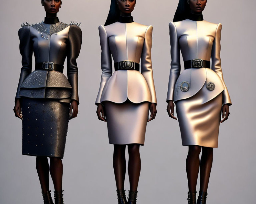 Three Female Models in Futuristic Metallic Dresses with Peplum Waist and Spiked Shoulders