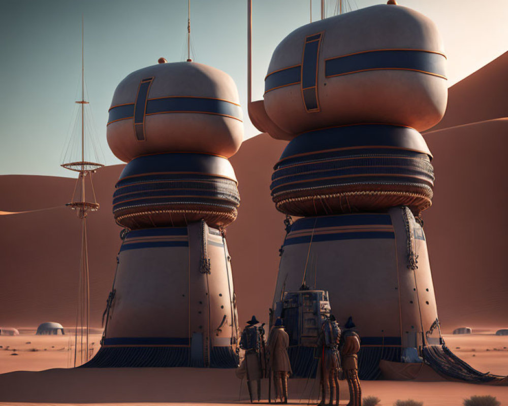 Futuristic desert scene with floating spherical structures and sand dunes