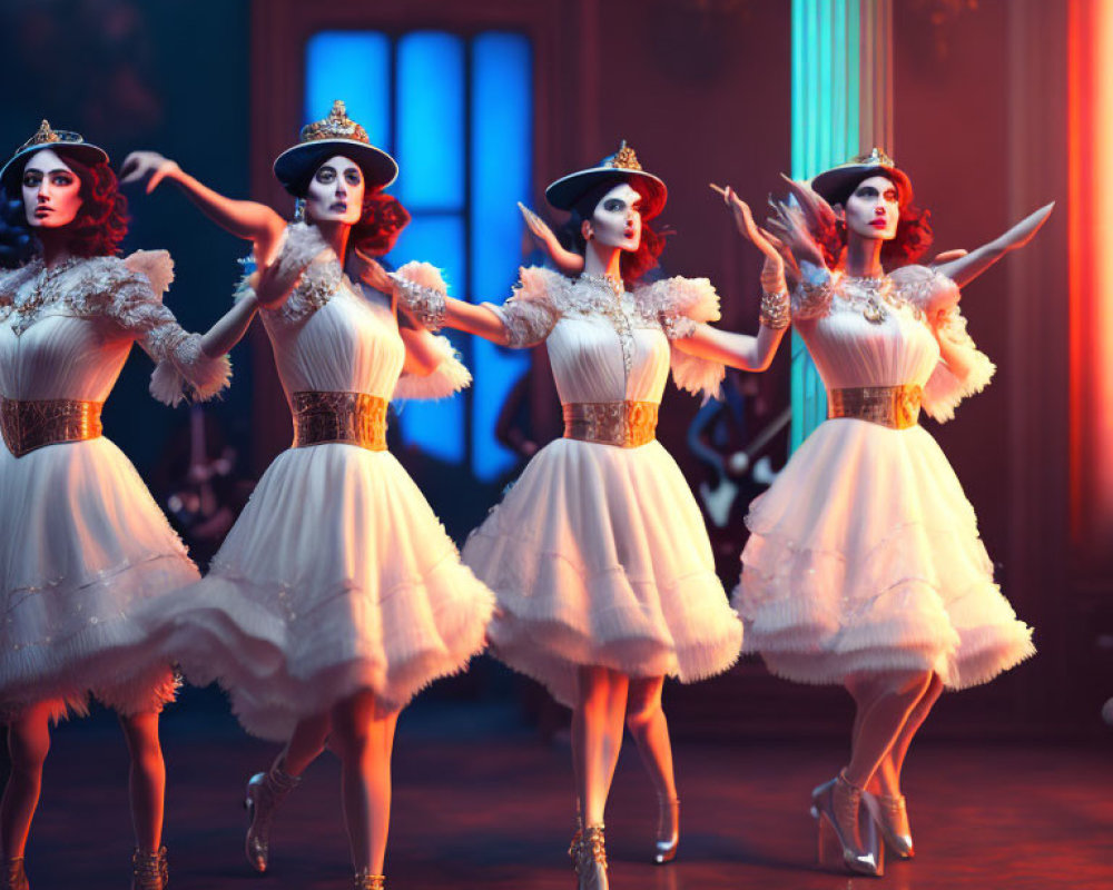 Elegant white and gold costume dancers on stage with blue lighting