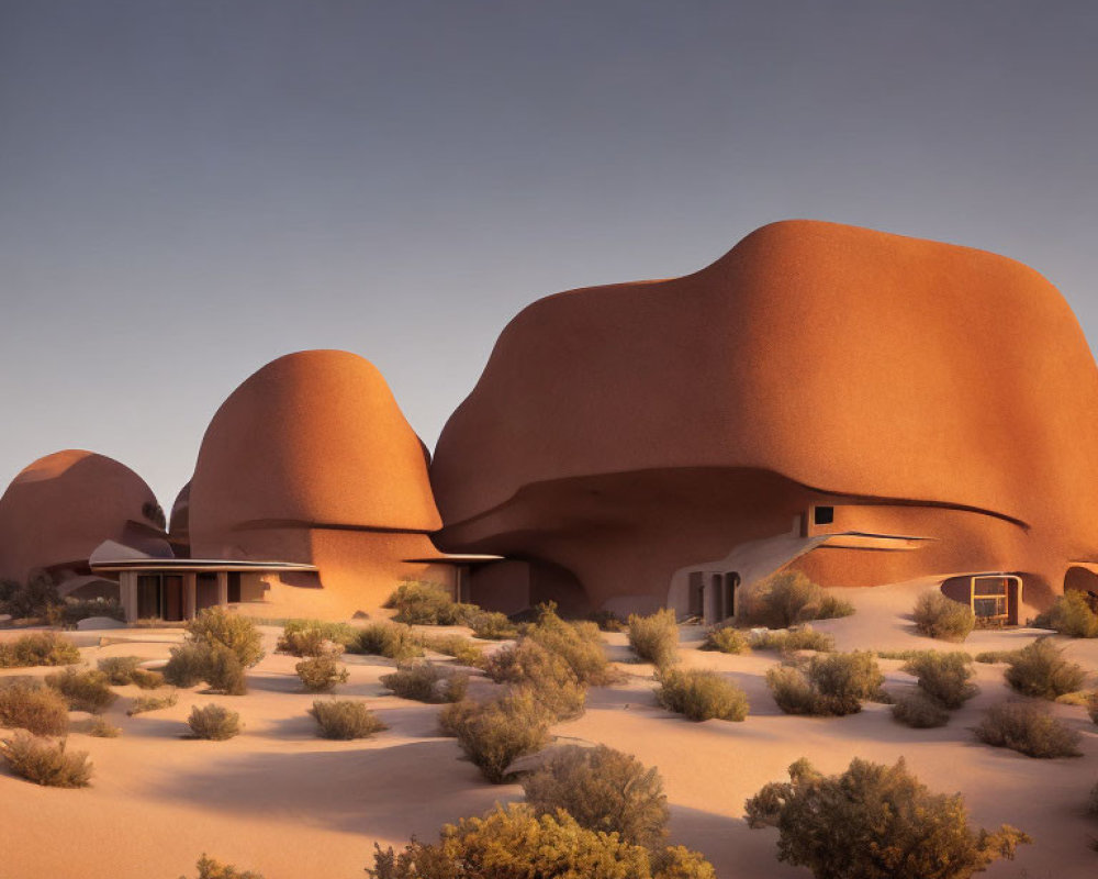 Terracotta-colored desert landscape with organic-shaped buildings.