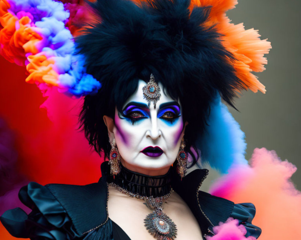 Person in Dramatic Makeup and Feathered Headdress in Vibrant Smoke Background