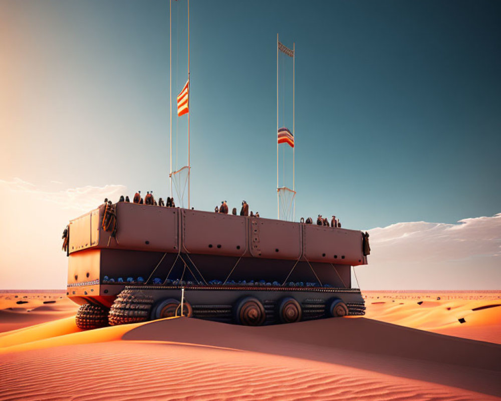 Tracked vehicle with passengers crossing desert landscape under clear sky