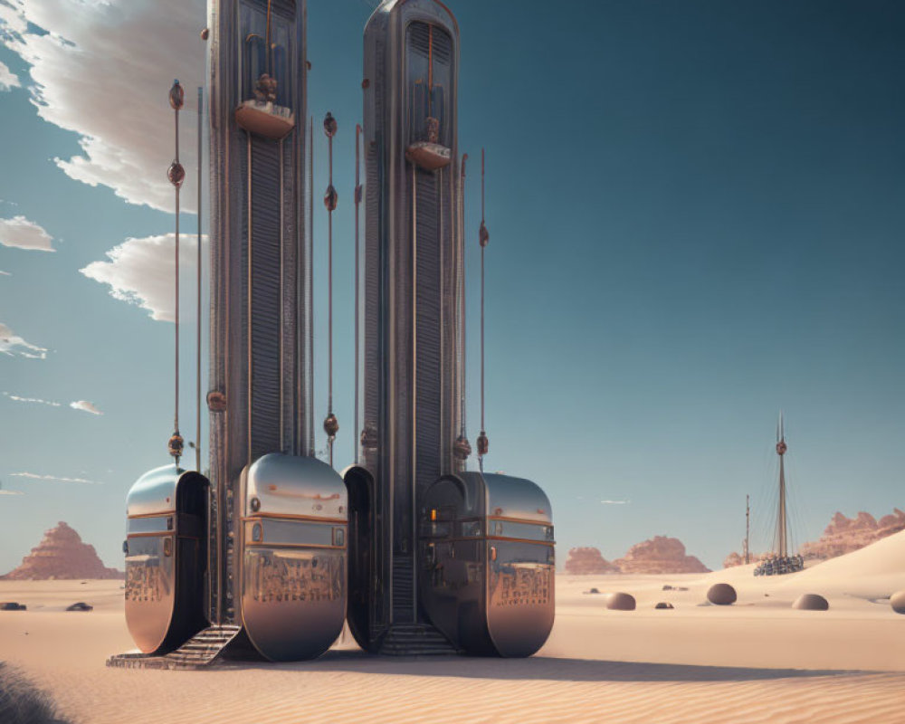 Futuristic twin towers in desert landscape with advanced civilization vibes