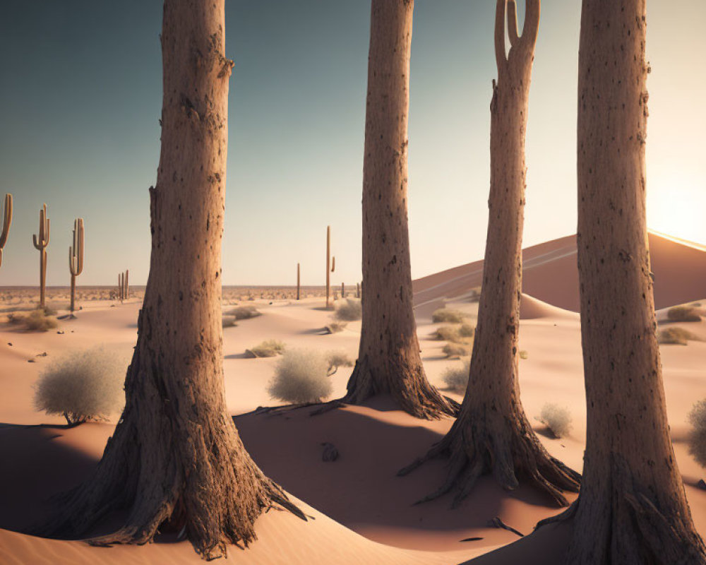 Desert landscape with three towering tree trunks