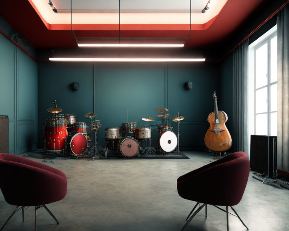 Contemporary music room with red and blue walls, drum sets, guitar, stylish furniture, ambient lighting