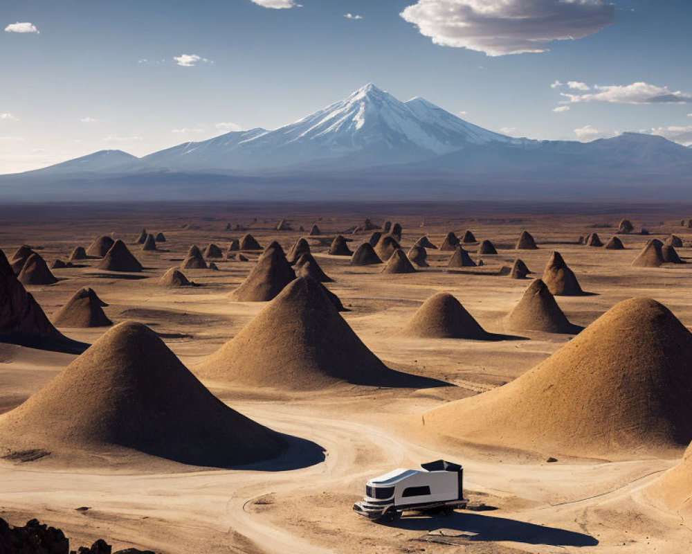 Camper Van in Desert Landscape with Cone-Shaped Formations and Snow-Capped Mountain