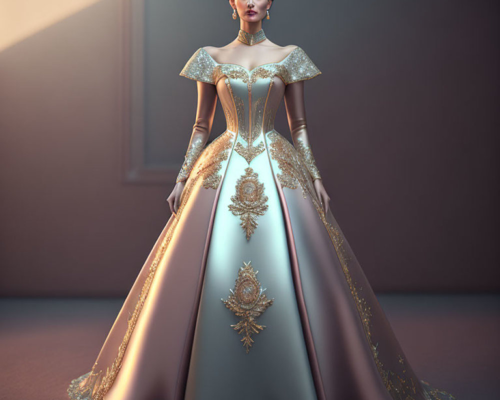 Sophisticated woman in luxurious gown with gold detailing and royal headpiece