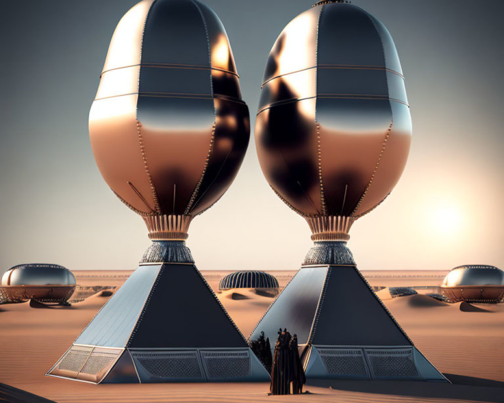 Futuristic egg-shaped structures in desert landscape with figures and hazy sun