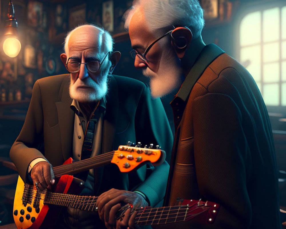 Elderly Animated Characters Playing Electric Guitars in Dimly Lit Vintage Room