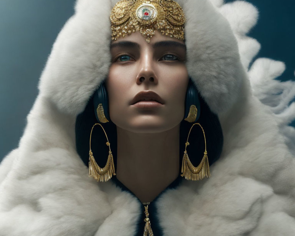 Regal woman in golden headpiece and fur garment