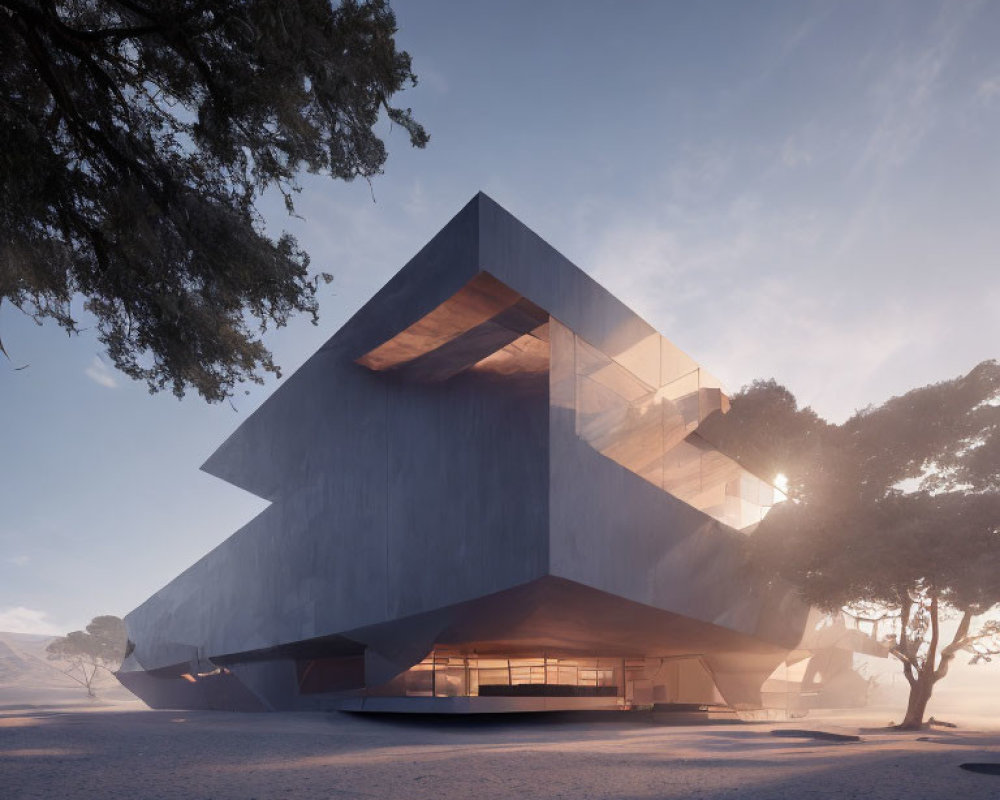 Geometric Building with Cantilevered Design and Trees in Soft-lit Sky