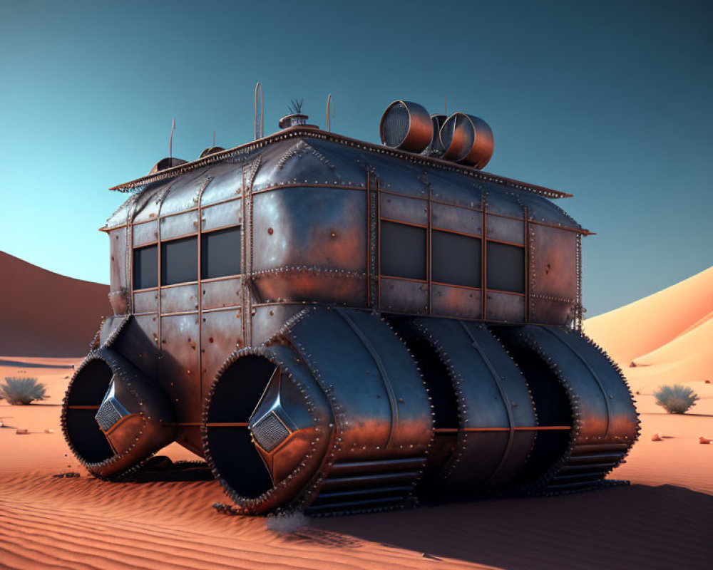 Futuristic steampunk-style mobile desert house on treads in sandy terrain