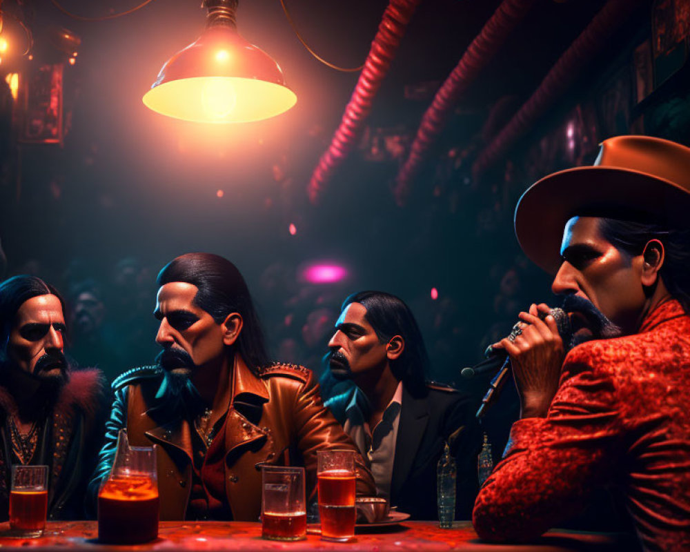 Four Men in Moody Bar Scene with Drinks and Amber Lighting