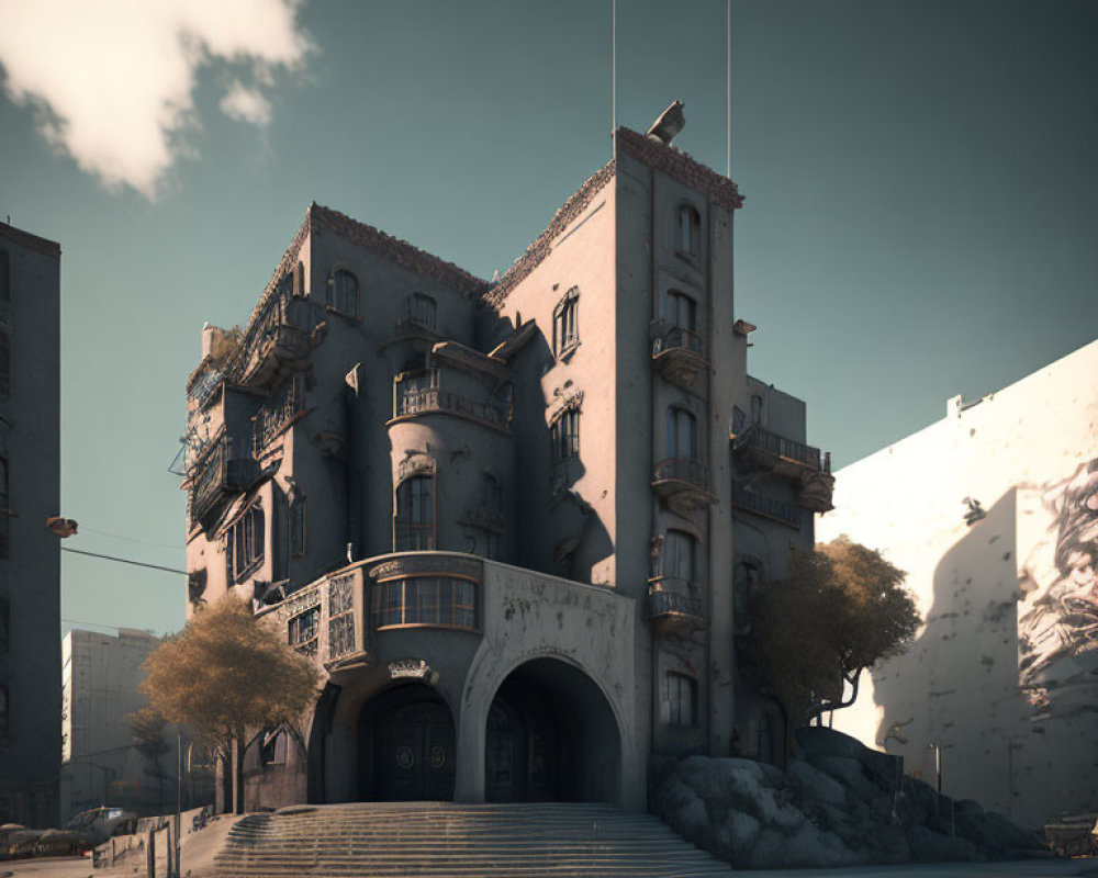 Weathered Building with Ornate Facade and Trees Under Dramatic Sky