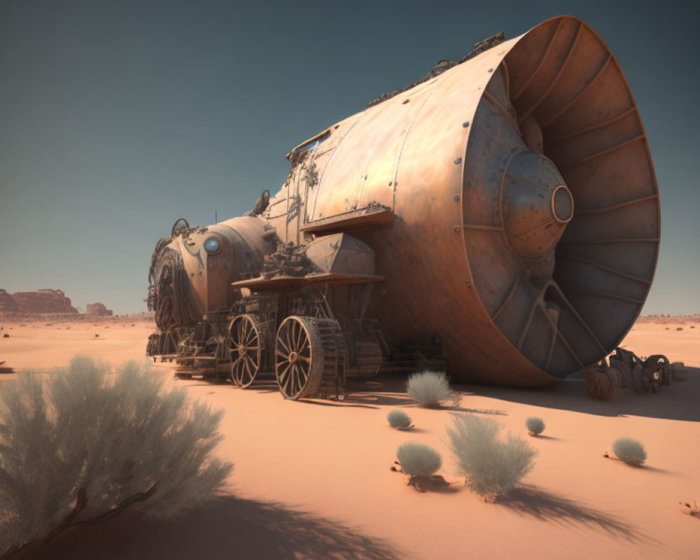 Rusted vintage locomotive in barren desert landscape