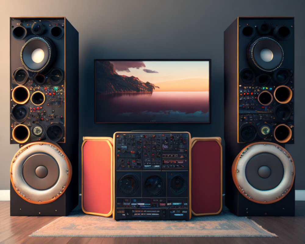 Large Speakers and Flat Screen Displaying Sunset in Warmly Lit Room