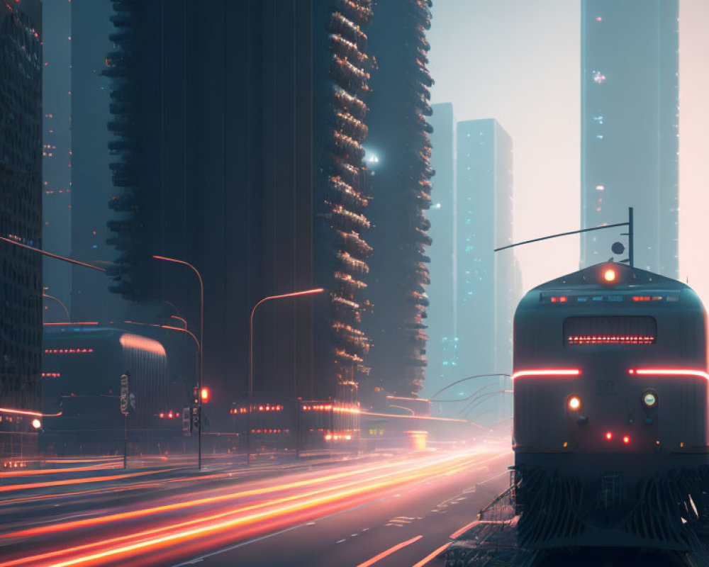 Futuristic twilight cityscape with illuminated buildings and train, light streaks.