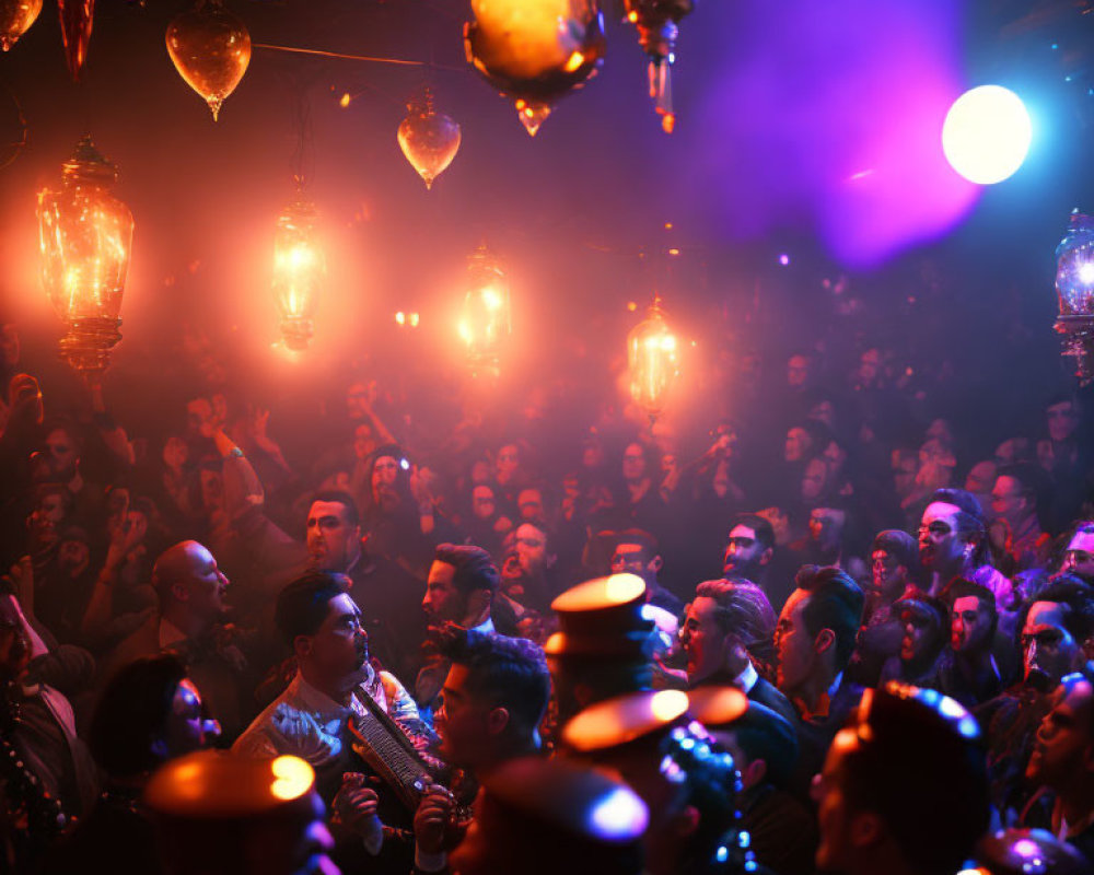 Dimly-lit club with vibrant purple lighting and hanging lamps creating warm ambiance