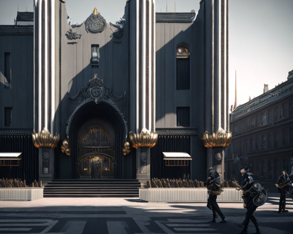 Art Deco-style building with tall pillars and intricate decorations, flanked by uniformed guards.