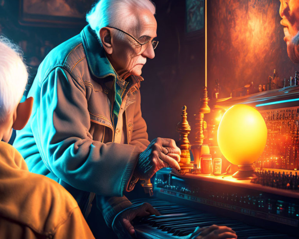 Elderly man playing keyboard with glowing orb, observed by another person in dimly lit room