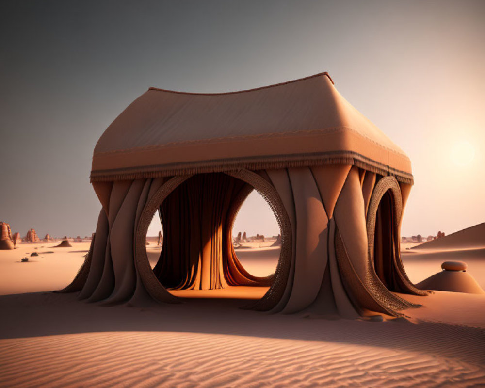 Futuristic shelter with fabric-like supports in desert landscape at sunset