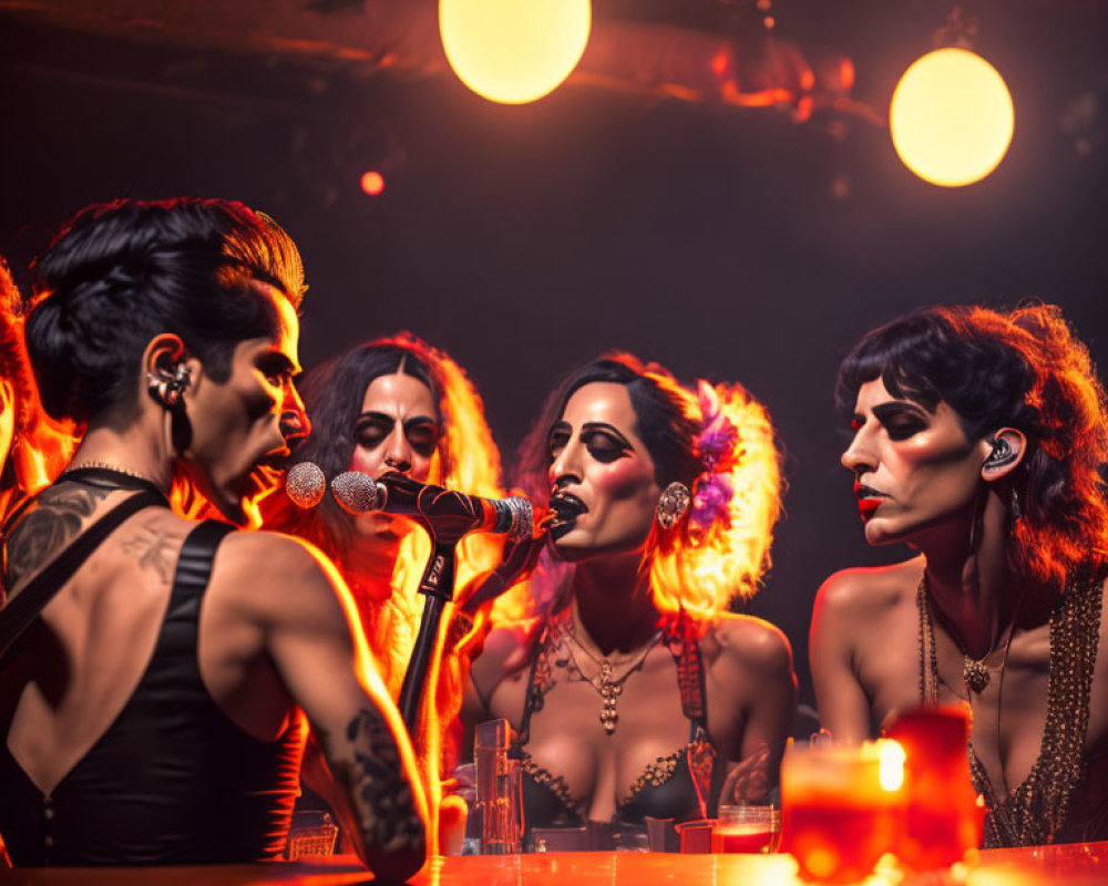 Four Women with Tattoos and Bold Makeup in Bar with Warm Lighting