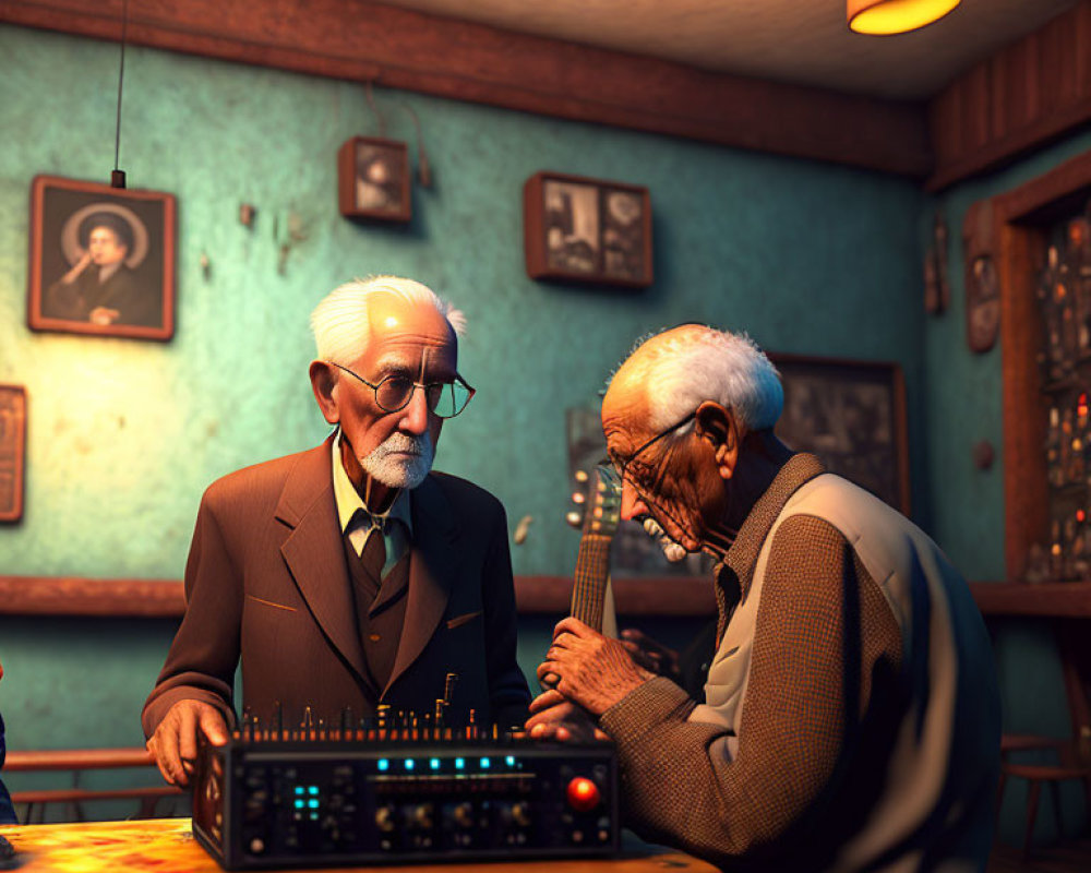 Elderly animated characters playing chess in vintage room