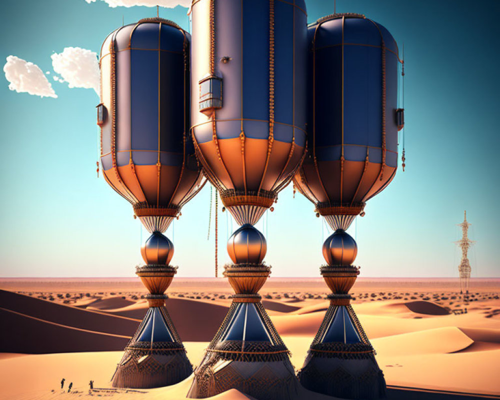 Futuristic airships over desert with transmission tower under clear sky