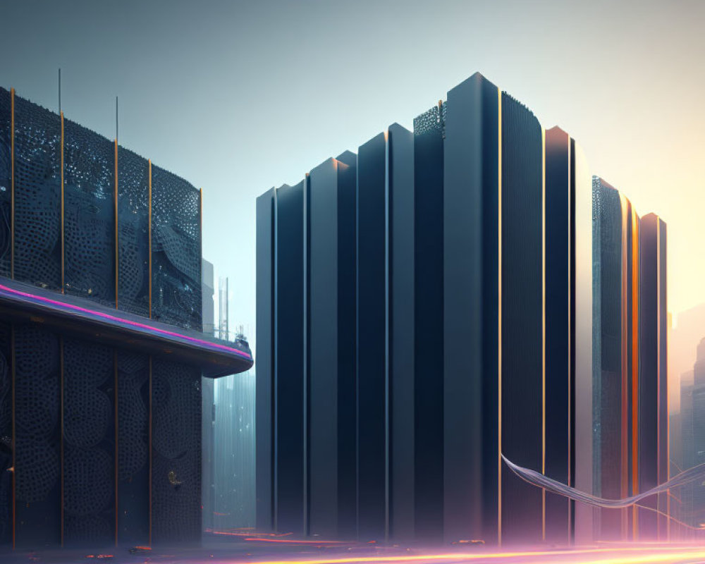 Sleek futuristic cityscape with towering buildings and glowing neon lights