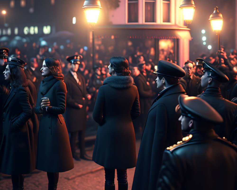 Formal crowd at evening event under warm streetlight glow