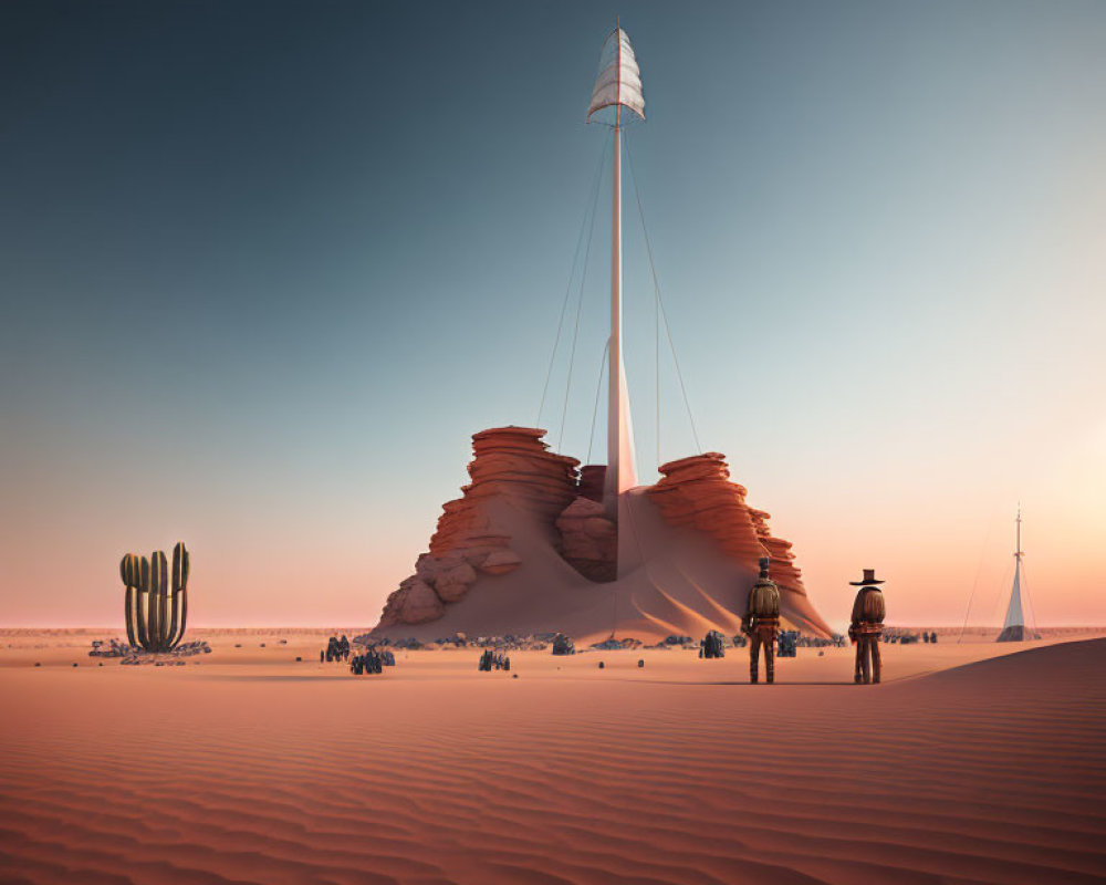 Surreal desert landscape with towering sail-like structure, rock formations, cacti, and people