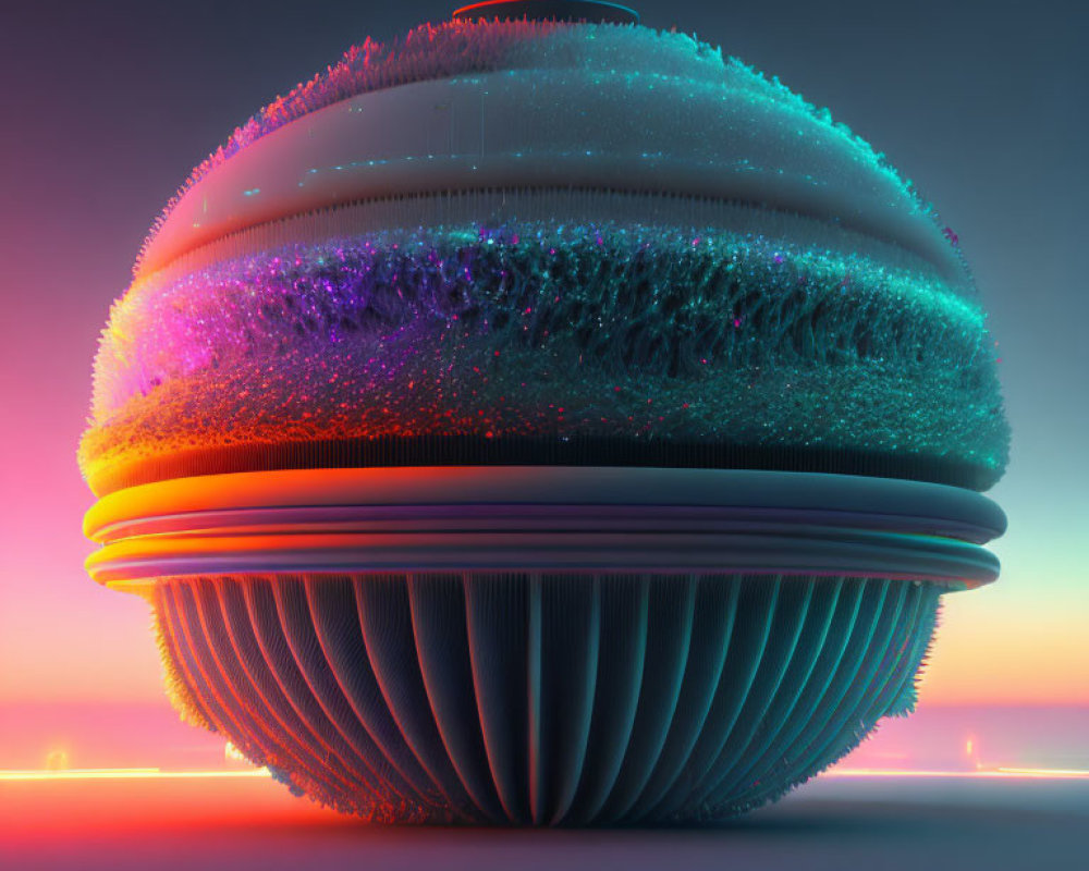 Layered neon pink and blue textures on spherical 3D object against gradient sunset background