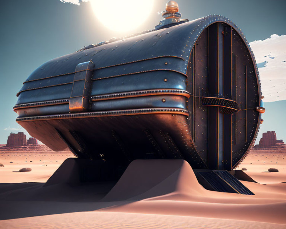 Futuristic metallic structure in desert landscape with ramp