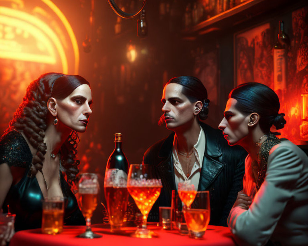 Three people with dramatic makeup in dimly lit bar having serious conversation.