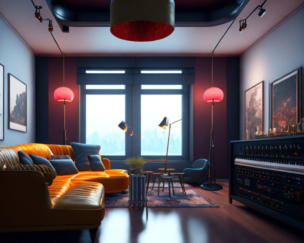 Modern Living Room with Large Window, Orange Sofa, Mood Lighting, and Audio System