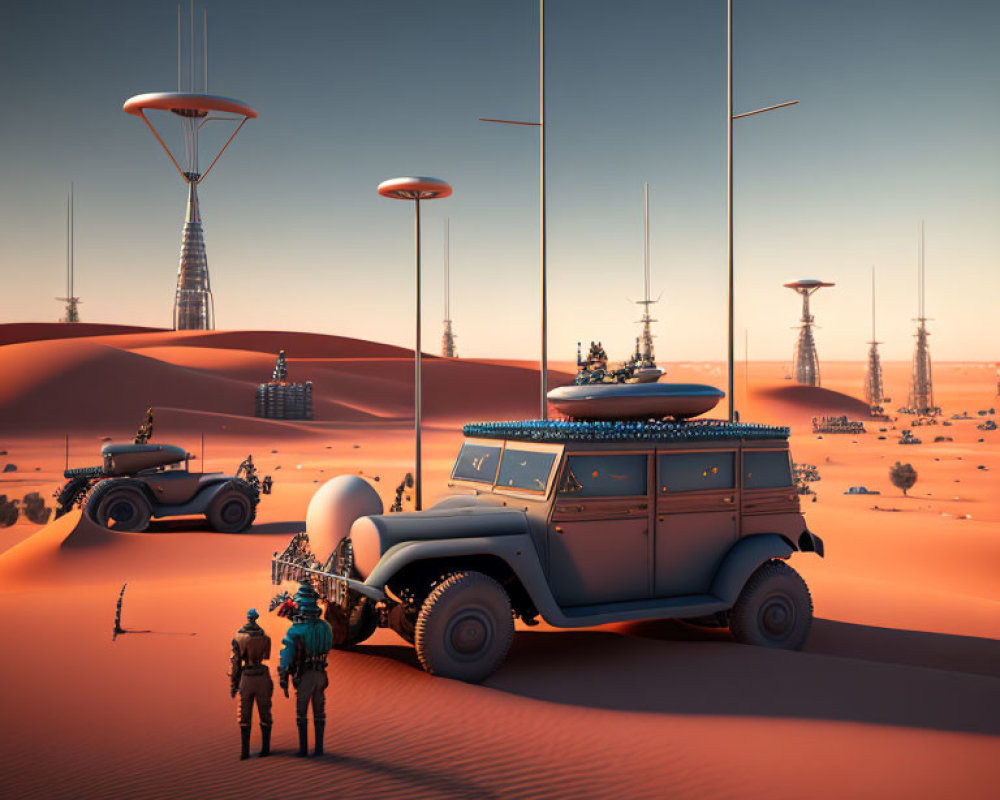 Advanced desert landscape with futuristic vehicles, people in spacesuits, caravan, and towers under dusky sky