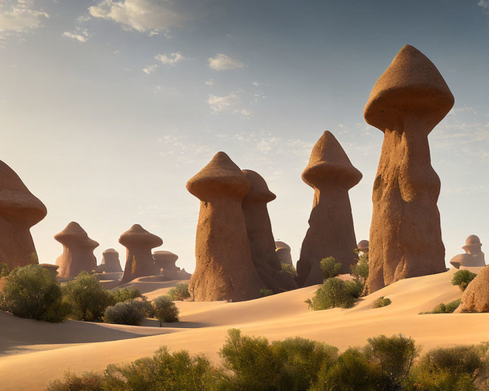 Desert landscape with sandstone hoodoos and sand dunes