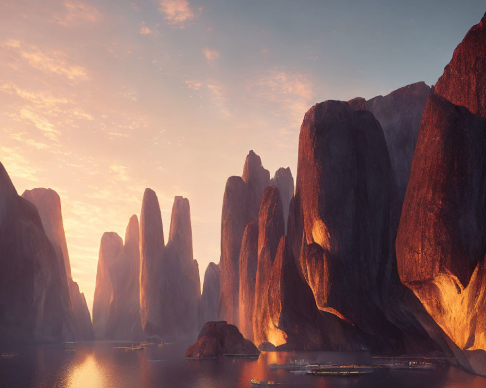 Sunrise reflections of majestic cliffs on calm water near a coastal settlement