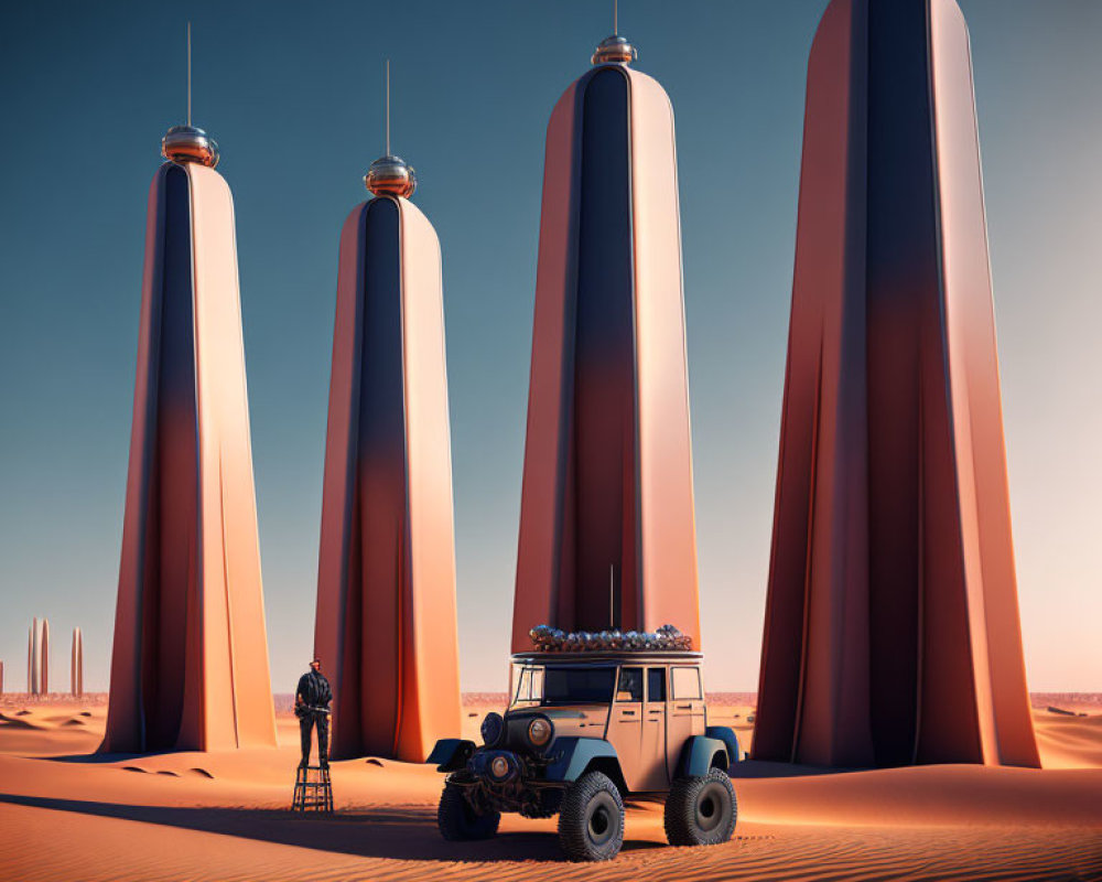 Person on ladder next to 4x4 vehicle observes futuristic towers in desert landscape