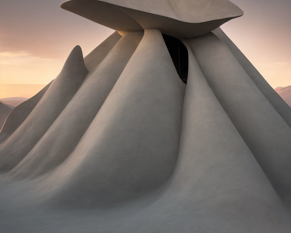 Abstract folded fabric or petal-like structure against a soft sky