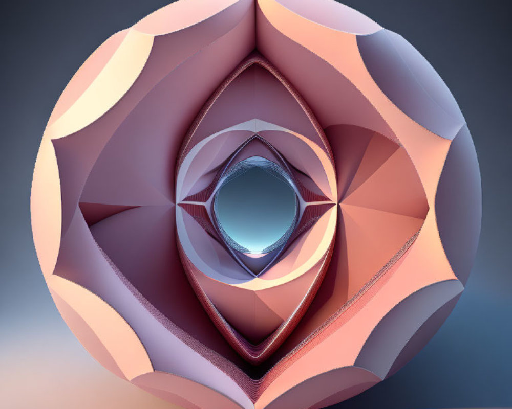 Abstract geometric sculpture in peach, mauve, and blue layers on gradient background