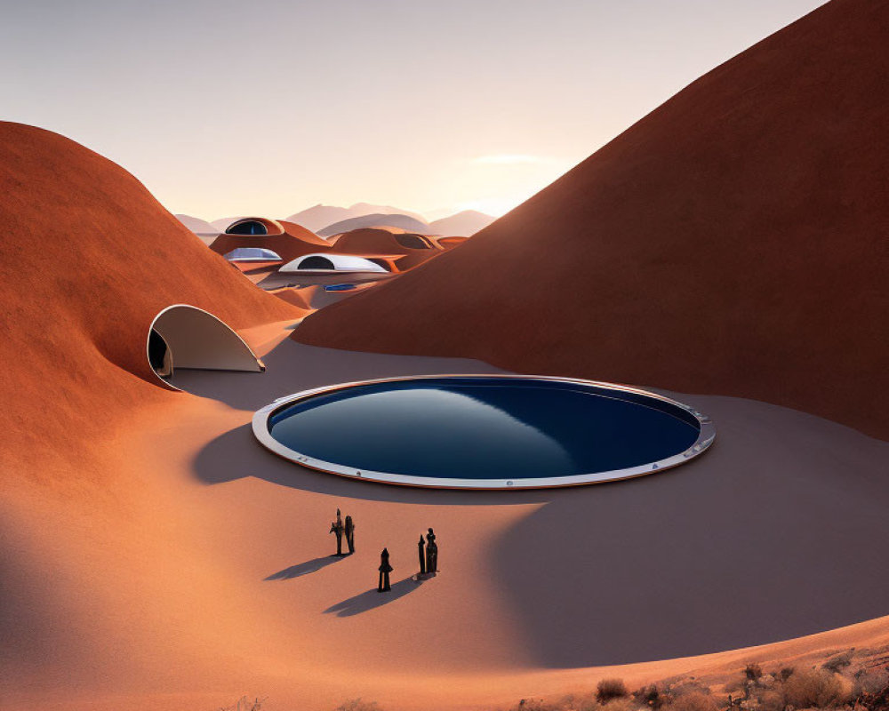 Futuristic desert architecture with domed structures and reflective pool.