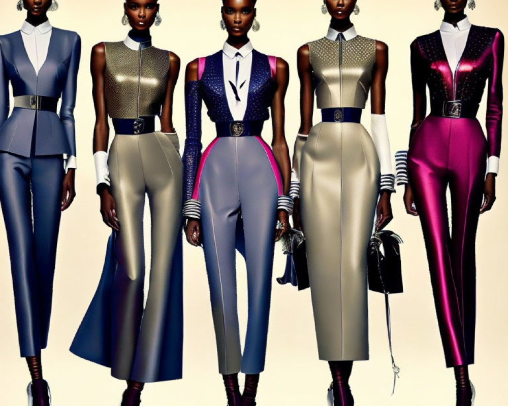 Five female fashion models in futuristic metallic outfits with bold colors